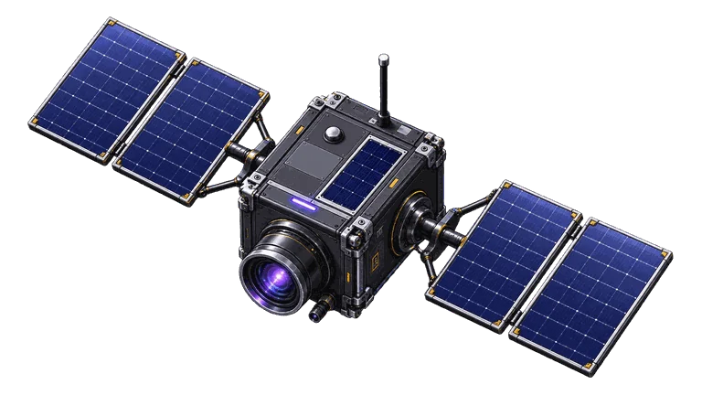 The VANTA imaging bus: a boxed body with a long optical telescope forward and
                      two deployed solar wings.