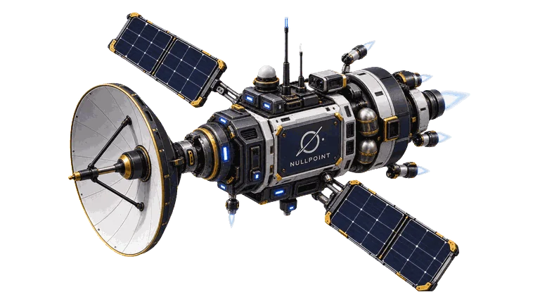 The NULLPOINT geostationary bus: a squat body with a high-gain antenna
                      and short wings.