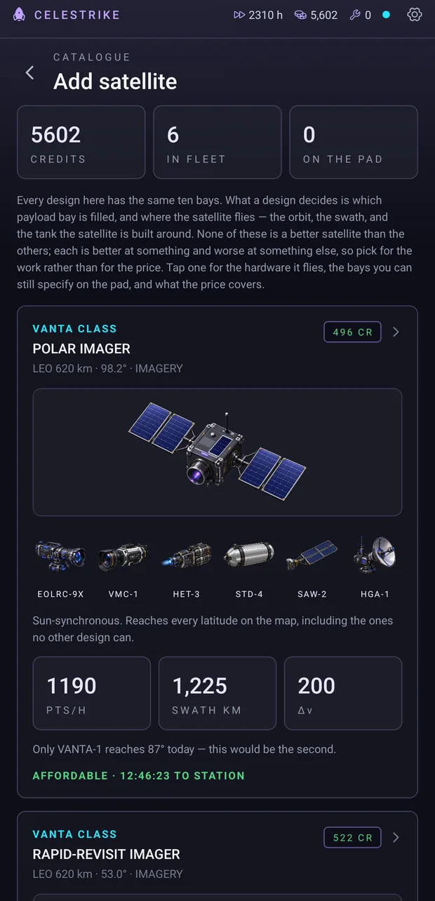 The satellite catalogue, showing the polar imager at 496 credits with its collection rate, swath and propellant alongside the modules it flies.