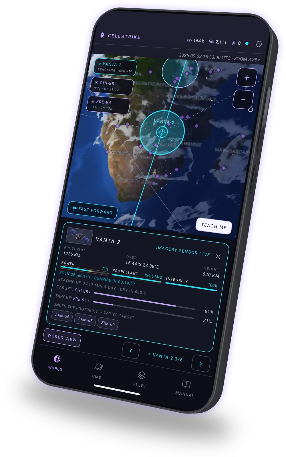 A phone showing Celestrike's WORLD screen zoomed over southern Africa: NASA imagery of the ground under drifting cloud, VANTA-2's footprint and ground track in cyan, violet site diamonds, and a look-down panel underneath reading footprint, position, height, power, propellant, integrity and two targets part-collected.