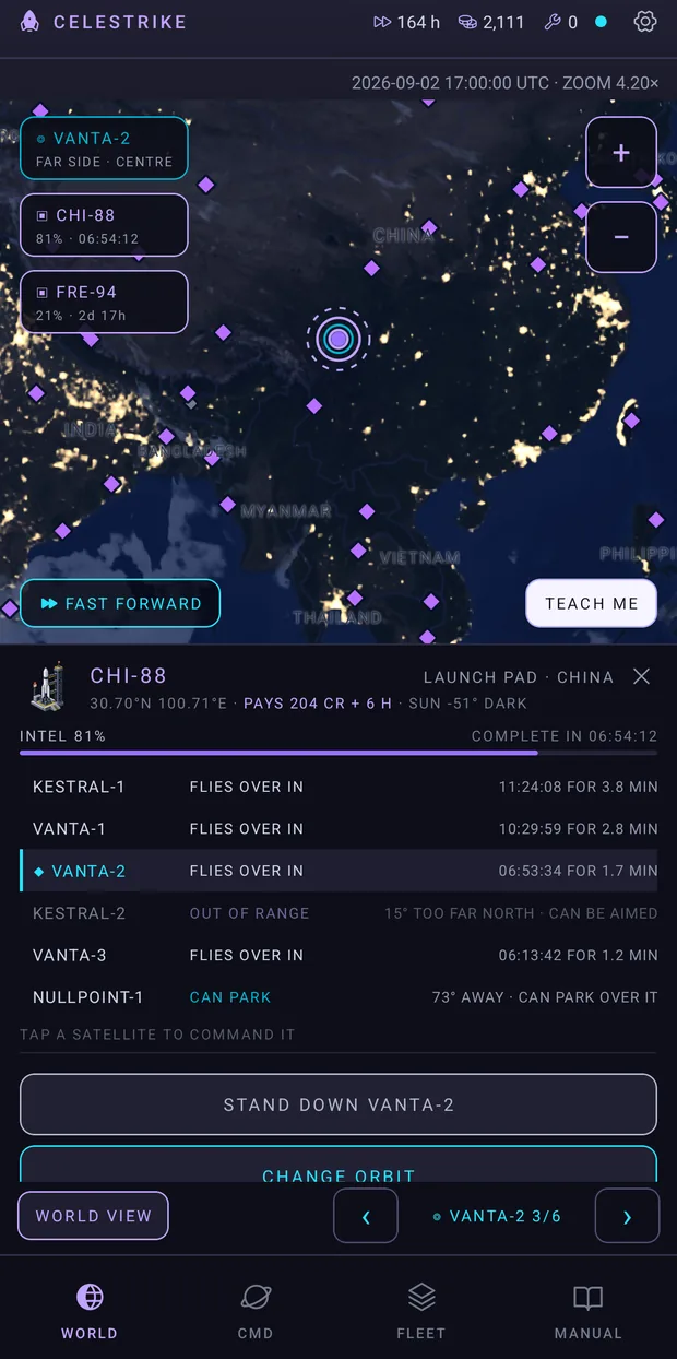 Night over China with city lights below and violet site diamonds, and the target panel for CHI-88, a launch pad: what it pays, 81% collected, and every satellite in the fleet with when it next flies over, which can be aimed and which can park over it.