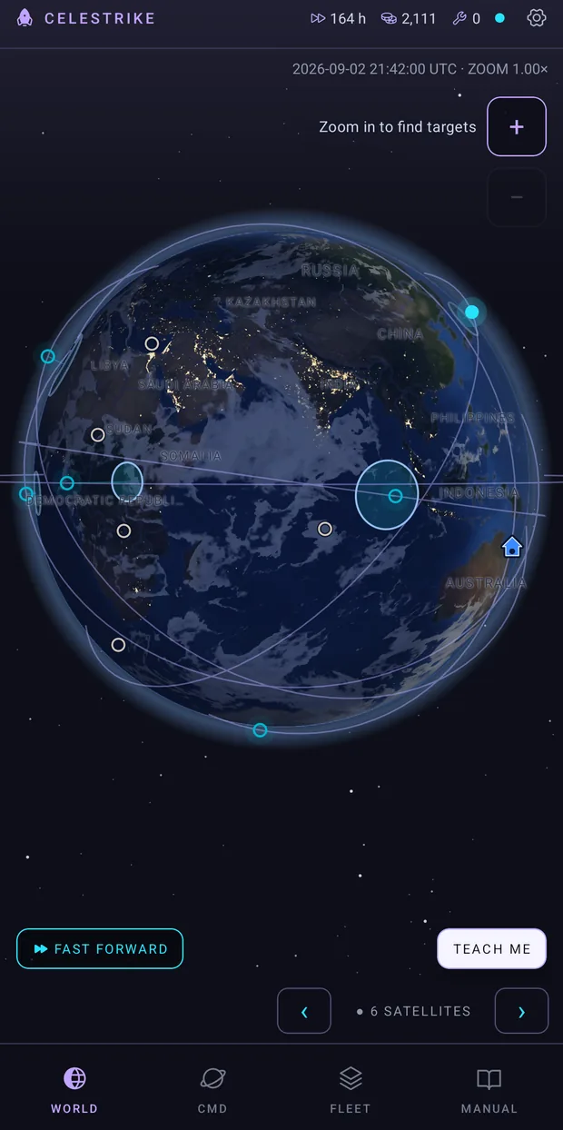 The whole globe at night over the Indian Ocean: city lights across India, Arabia and East Africa under drifting cloud, the fleet's satellites in cyan, foreign satellites as grey rings on their own orbits, and the home base marked over Australia.