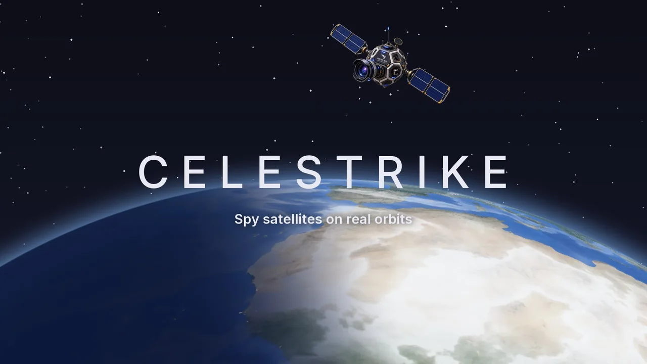 The Celestrike title card: a spy satellite above the curve of the Earth, over the words Spy satellites on real orbits.